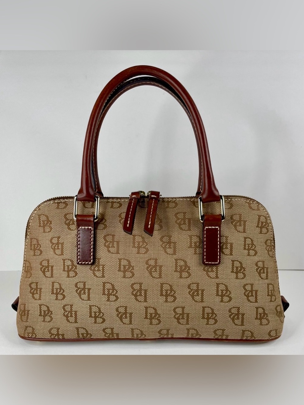 Dooney & Bourke Tan Logo Satchel with Brown Leather Accents - Picture 2 of 11